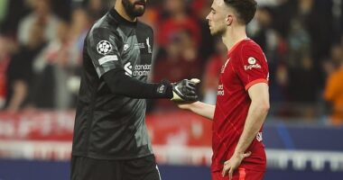 Alisson Becker (left) has posted an emotional message after the death of Diogo Jota (right)