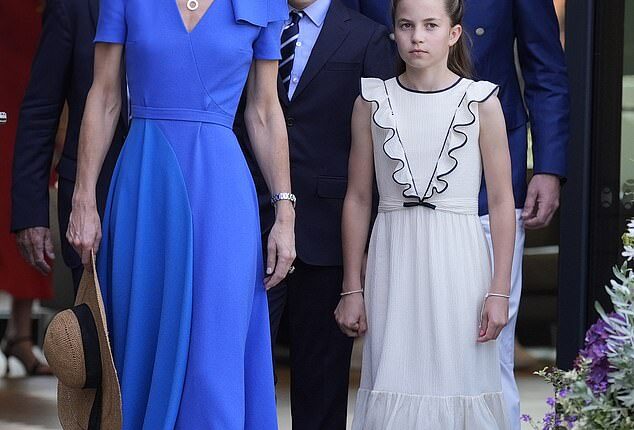 Princess Charlotte donned a bespoke dress that mirrored a style worn by her mother in 2022 and was custom made by the designer behind Kate's wedding dress, Sarah Burton