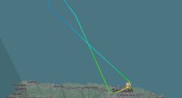 An unidentified female passenger on AA Flight 1847 caused her plane to divert back to Luis Muñoz Marín International Airport in San Juan, Puerto Rico, on Thursday after overseeing her seatmate's messages (pictured: the flight path)