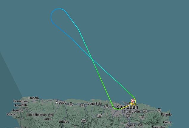 An unidentified female passenger on AA Flight 1847 caused her plane to divert back to Luis Muñoz Marín International Airport in San Juan, Puerto Rico, on Thursday after overseeing her seatmate's messages (pictured: the flight path)