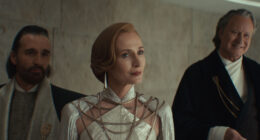 Perrin Fertha (Allistair Mackenzie), Mon Mothma (Genevieve O'Reilly) and Luthen Rael (Stellan Skarsgård) in Lucasfilm's ANDOR Season 2