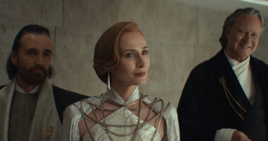 Perrin Fertha (Allistair Mackenzie), Mon Mothma (Genevieve O'Reilly) and Luthen Rael (Stellan Skarsgård) in Lucasfilm's ANDOR Season 2