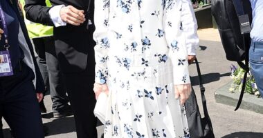 Anna Wintour was beaming as she arrived in SW19 for an action-packed day at Wimbledon ahead of the men's semi-finals on Centre Court today