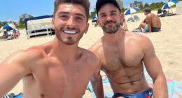 A-League star Josh Cavallo (pictured left with fiancé Leighton Morrell) has revealed he is relocating to the United Kingdom - but his sporting future remains unknown