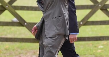 King Charles III waved jauntily at members of the public as he went to and from a Sunday church service at St Mary Magdalene Church