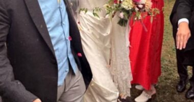 Mungo Fawcett tied the knot with Alice Bowers (pictured together) in a glamorous high-society wedding in Yorkshire over the weekend