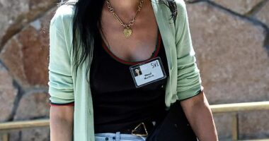 Matchy-matchy! Wendi Murdoch, 56, who was the third wife of media mogul Rupert Murdoch, showed up to Sun Valley in a matching Gucci outfit. She wore a black tank top with red detailing around the neck, paired with a mint green, v-neck cardigan with the same red tipping on the sleeve and hem. Wendi topped things off with a cream-colored fedora hat with the same signature Gucci red stripe around it, looking put-together for her first day at Sun Valley