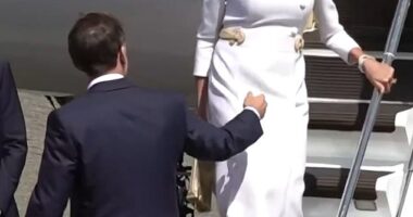 Brigitte and Emmanuel Macron have showed their 'frosty love language' as they landed in the UK today,  body language expert Judi James has claimed