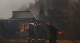 British tourists have been put on alert as new Greece wildfires spread amid a 44C heatwave - as a blaze tears through the capital of Athens. Pictured: Firefighters and volunteers battle to put out a fire burning a house in Kryoneri, near Athens, on Saturday
