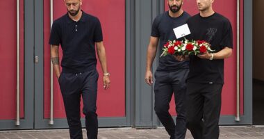 Bruno Fernandes, Ruben Amorim and Diogo Dalot laid flowers on behalf of Manchester United at the Anfield memorial for Diogo Jota and his brother Andre Silva