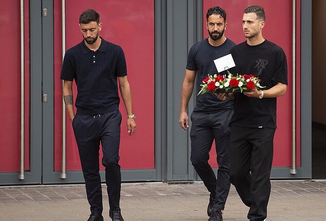 Bruno Fernandes, Ruben Amorim and Diogo Dalot laid flowers on behalf of Manchester United at the Anfield memorial for Diogo Jota and his brother Andre Silva