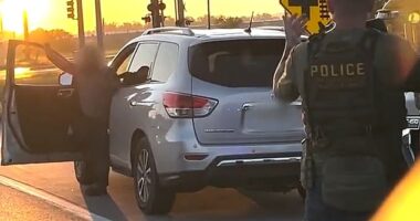 ICE announced the arrests of two men they say are members of MS-13. In this picture, the man accused of being an MS-13 leader is seen exiting his car with his hands up as officers order him to make his way to them