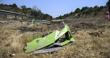 The acid green front of what appears to be the front of the Lamborghini Huracan lies at the side of the road where Diogo Jota and his brother died today. Their family and the world of football are mourning their tragic deaths near the town of Cernadilla, close to Zamora, Spain