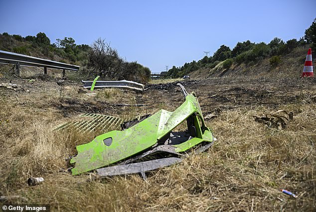 The acid green front of what appears to be the front of the Lamborghini Huracan lies at the side of the road where Diogo Jota and his brother died today. Their family and the world of football are mourning their tragic deaths near the town of Cernadilla, close to Zamora, Spain