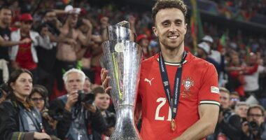 Diogo Jota had bravely played through his condition, risking making it worse by delaying surgery from May until after Portugal's Nation's League victory (pictured) against Spain earlier this month