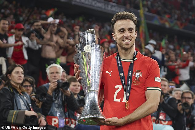 Diogo Jota had bravely played through his condition, risking making it worse by delaying surgery from May until after Portugal's Nation's League victory (pictured) against Spain earlier this month
