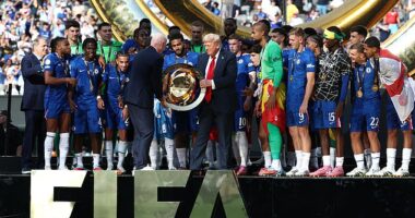 Chelsea players were left bemused as Donald Trump stole the limelight during their trophy lift