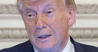 Trump speaks during a dinner for Republican senators in the State Dining Room on Friday