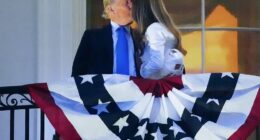 President Donald Trump and first lady Melania Trump were caught kissing from the Truman Balcony on Friday ahead of Washington, D.C.'s grand Fourth of July fireworks display. The first couple kissed and hugged as supporters down below 'awww'-ed the scene.