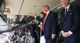 President Donald Trump is seen alongside first lady Melania Trump and FIFA president Gianni Infantino at the game