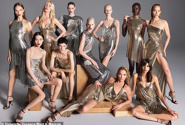 Gleaming: Models including Kate Moss, centre, and Claudia Schiffer, second from back left, in Versace¿s final collection