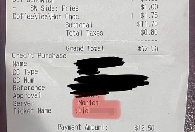 The receipt revealed that the waitress labeled the table the women were sitting at as 'Old B****es'