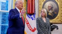 U.S. President Donald Trump, accompanied by newly sworn-in U.S. Attorney General Pam Bondi, speaks to member of the media in the Oval Office at the White House on February 05, 2025 in Washington, DC