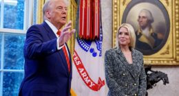 U.S. President Donald Trump, accompanied by newly sworn-in U.S. Attorney General Pam Bondi, speaks to member of the media in the Oval Office at the White House on February 05, 2025 in Washington, DC