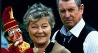 A publicity shot for the Midsomer Murders episode Destroying Angel. Rosemary Leach who played Evelyn Pope is pictured with John Nettles who played DCI Tom Barnaby. Evelyn Pope used destroying angel mushrooms in a horrific revenge killing.