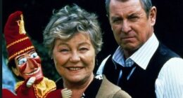 A publicity shot for the Midsomer Murders episode Destroying Angel. Rosemary Leach who played Evelyn Pope is pictured with John Nettles who played DCI Tom Barnaby. Evelyn Pope used destroying angel mushrooms in a horrific revenge killing.