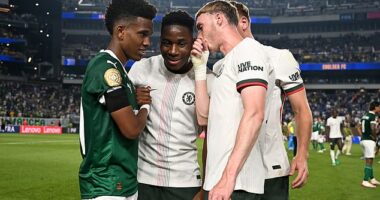 Chelsea star Cole Palmer (right) offered Estevao (left) the chance to continue his Club World Cup journey with the Blues
