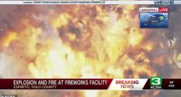 A warehouse packed with fireworks erupted in a massive explosion on Tuesday evening