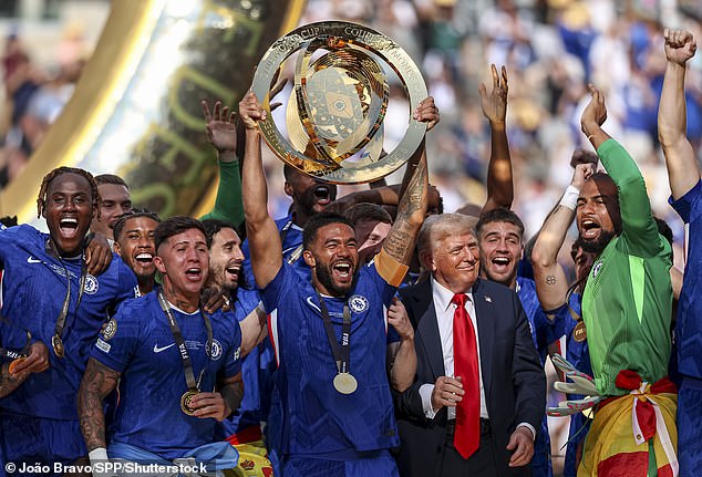 US President Donald Trump inserted himself into the heart of Chelsea's trophy lift on Sunday