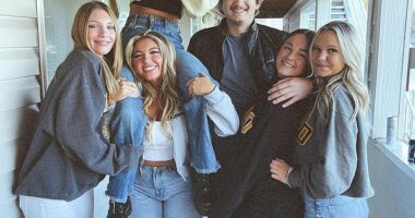 From left: Dylan Mortensen, Kaylee Goncalves, Madison Mogen (on Kaylee's shoulders), Ethan Chapin, Xana Kernodle and Bethany Funke