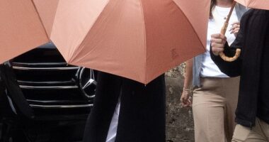 Apple heiress Eve Jobs has gone through some of the final preparations for her society wedding of the year, carrying out a complete church ceremony rehearsal of her marriage to Team GB showjumper Harry Charles on Thursday morning. Pictured, Eve is believed to be the chic bride standing behind the umbrella