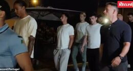 Liverpool teammates past and present flew to Portugal to pay their respects, including Virgil Van Dijk (left), Alexis Mac Allister (centre, with hands in pocket) and Andy Robertson (second from right)