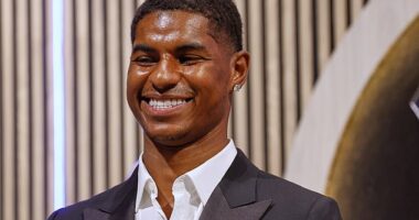 Marcus Rashford was seen beaming as he was unveiled as a Barcelona player on Wednesday