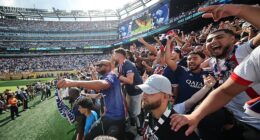 Paris Saint-Germain fans celebrate after the team's victory during the FIFA Club World Cup 2025 semi-final match between Paris Saint-Germain and Real Madrid CF at MetLife Stadium