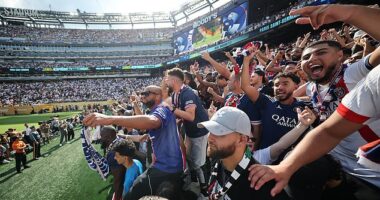 Paris Saint-Germain fans celebrate after the team's victory during the FIFA Club World Cup 2025 semi-final match between Paris Saint-Germain and Real Madrid CF at MetLife Stadium