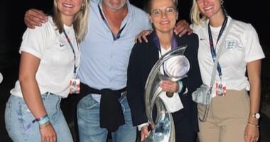 Team Sabrina: The England manager pictured with her two daughters, Lauren, far left, and Sacha, far right, and husband Marten Glotzbach in 2022 following the Lionesses' Euros win