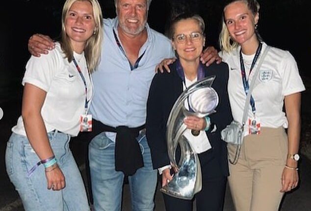 Team Sabrina: The England manager pictured with her two daughters, Lauren, far left, and Sacha, far right, and husband Marten Glotzbach in 2022 following the Lionesses' Euros win