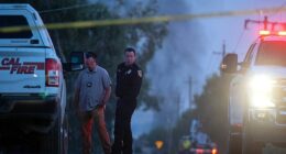 Authorities confirmed the discovery of human remains at the site of a devastating fireworks explosion in California that rocked the small farming community of Esparto on Tuesday. Pictured: Emergency crews gather in Esparto, near the location of a fireworks explosion