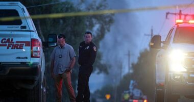 Authorities confirmed the discovery of human remains at the site of a devastating fireworks explosion in California that rocked the small farming community of Esparto on Tuesday. Pictured: Emergency crews gather in Esparto, near the location of a fireworks explosion