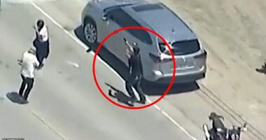 An ICE protestor could be seen firing a gun directly towards federal agents on Thursday morning, dangerously escalating an already volatile standoff at a California cannabis farm