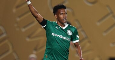 Estevao Willian pictured celebrating after scoring for Palmeiras against Chelsea in the USA