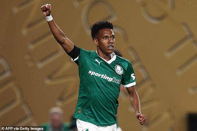 Estevao Willian pictured celebrating after scoring for Palmeiras against Chelsea in the USA