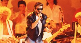 George Michael (above) stormed the stage at Wembley Way as he joined Elton John, Freddie Mercury, Bob Geldof, Sting, Status Quo, Spandau Ballet, Phil Collins, and Francis Rossi for Live Aid  - a charity concert at London's Wembley Stadium to raise money for famine victims in Ethiopia in 1985