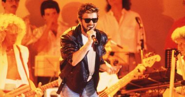 George Michael (above) stormed the stage at Wembley Way as he joined Elton John, Freddie Mercury, Bob Geldof, Sting, Status Quo, Spandau Ballet, Phil Collins, and Francis Rossi for Live Aid  - a charity concert at London's Wembley Stadium to raise money for famine victims in Ethiopia in 1985