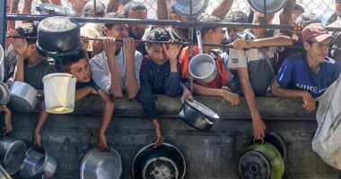 Palestinians gather to receive food in Khan Yunis, Gaza amid shortages of aid