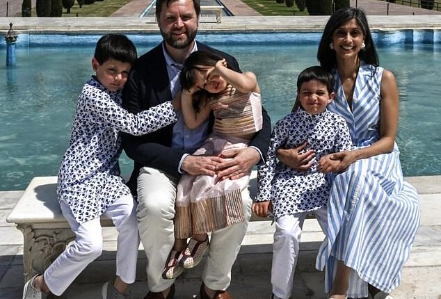 English summer: US Vice President JD Vance, his wife Usha, daughter Mirabel and sons Ewan, left, and Vivek are heading for The Cotswolds this summer - along with their huge entourage (Pictured at the Taj Mahal in April)
